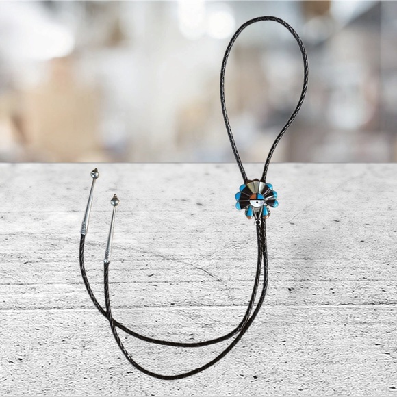 Vintage Bennett ZUNI Native American Headdress Sterling Turquoise Bolo Tie 37" - Picture 3 of 9